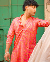 Floral Print Men's Long Kurta with Zari Work